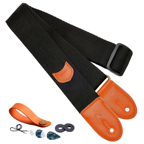 Nefelibata Guitar Strap, 100% Cotton Full Grain Leather Ends Guitar Straps with Pick Pocket for Bass, Electric & Acoustic Guitar, with Free Strap Button, 1 Pair Strap Locks and 4 Guitar Picks (Black)