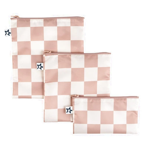 Tiny Twinkle 3 Pack Reusable Snack Bags - Machine Washable, PFAS, PVC, BPA, Phthalate-Free Reusable Baby and Toddler Food Safe Snack Bags (Beige Checkers)