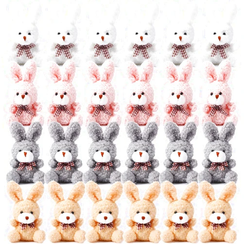Sotiff 24 Pcs Easter Plush Bunny Stuffed Animal Bulk 4.7 Inch Mini Bunnies Keychain Doll Furry Rabbit with Bow Tie for Birthday Baby Shower Party Favor Gifts Classroom Rewards(Classic Color)