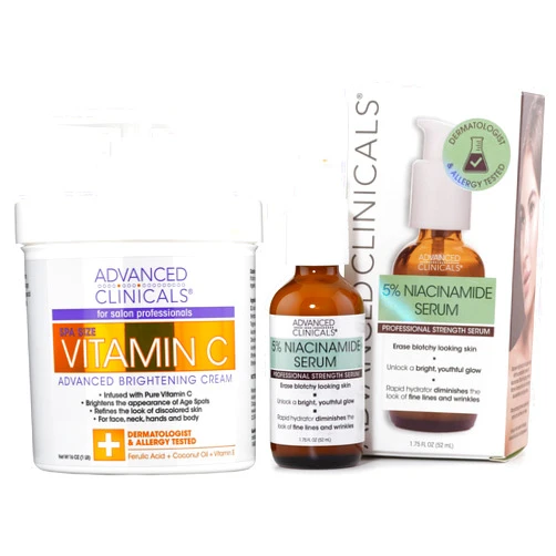Advanced Clinicals Brightening Vitamin C Cream + 5% Niacinamide Serum W/Hyaluronic Acid 2pc Set | Vitamin C Body Lotion Moisturizer & Dark Spot Remover Face Serum | Skin Care Products, 2pc Bundle