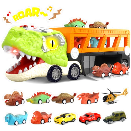 SpringFlower 11 in 1 Dinosaur Toys, Dinosaur Toys for Kids 3-5, Dinosaur Truck with 10 Pull Back Cars, Toddler Boy Toys Age 3 4 5, Boy Birthday Gifts with Sounds & Lights & Spray