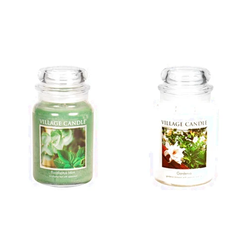 Village Candle Eucalyptus Mint Large Glass Apothecary Jar Scented Candle, 21.25 oz, Green & Candle Gardenia Large Glass Apothecary Jar Scented Candle, 21.25 oz, White