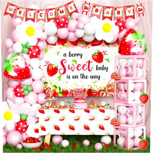 Fiesec 152 PCs Strawberry Baby Shower Decorations Girl, Fiesec A Berry Sweet Baby is On The Way Baby Shower Decorations Backdrop Banner Balloon Garland Tablecloth Cake Cupcake Topper Box Cutout Sash