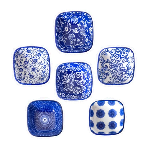 Gibsimi Ceramic Square Dipping Bowl - 3 inch Soy Sauce Dish 2.6 OZ Small Bowls Set for Charcuterie Condiments Side Dish BBQ Ramekins Pinch Bowls for Kitchen Prep - Set of 6 - Vintage Blue