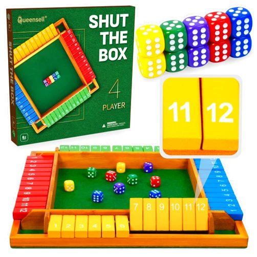 Queensell Large Shut The Box Game Wooden for 4 Players - Math Games -Family Games for Kids and Adults - 14-inch Close The Box Game 12 Numbers - Family Board Games