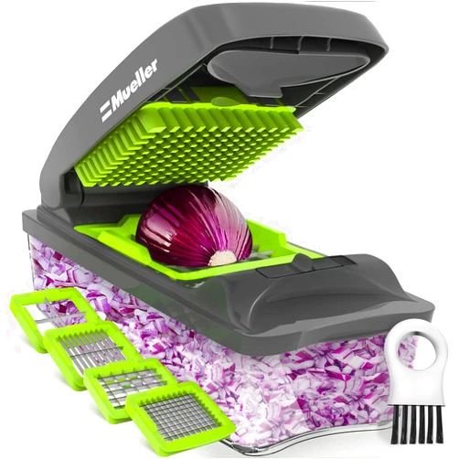MuellerLiving 4-Blade Onion Chopper, Vegetable Chopper, Grape Cutter, Egg and Cheese Slicer with Container