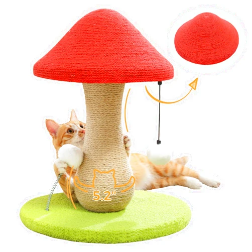 PETEPELA Mushroom Cat Scratching Post, Cat Scratcher Cute with 100% Sisal Covered Scratching Post & Pompoms Cat Toy, Mushroom Cat Post for Indoor Cats