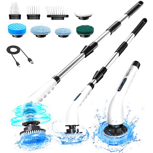 Generic BluBell Electric Spin Scrubber • 400RPM Cordless Rechargeable Cleaning Brush w 8 Replaceable Brush Heads • Spin Brush Shower Scrubber w Long Handle for Cleaning Bathroom Tub Tiles Floor- BBSC21
