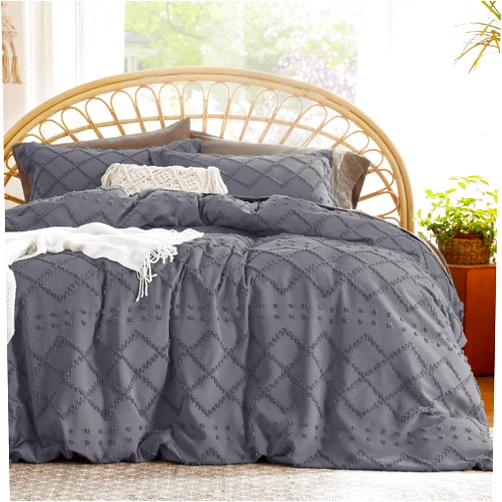 Bedsure Boho Duvet Cover Queen - Boho Bedding, Tufted Queen Duvet Cover for All Seasons, 3 Pieces Embroidery Shabby Chic Home Bedding Duvet Cover (Dark Grey, Queen, 90x90)