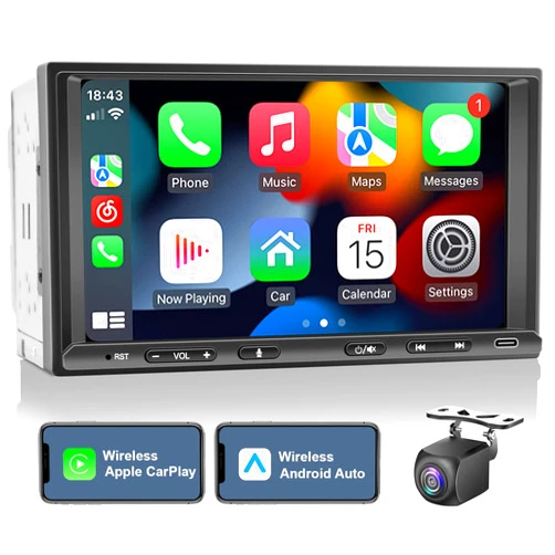BOUWOIMA Double Din Car Stereo Radio Wireless CarPlay & Wireless Android Auto, 7in Touchscreen Car Audio Receiver with Bluetooth,Rearview Camera,AM/FM, GPS Navigation,Mirror Link,Subwoofer,USB/AUX/SWC