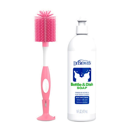 Dr. Brown's Reusable Soft Touch Baby Bottle Cleaning Brush, Pink 1-Pack & Fragrance-Free Dish Soap, 16oz