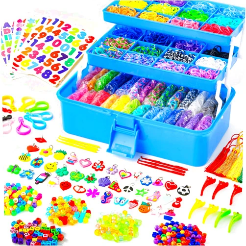 INSCRAFT 17500+ Rubber Loom Bands with 3 Layer Deep Blue Container, 28 Colors, 600 S-Clips, 352 Beads, 40 Cartoon Pendant, Bracelet Making Refill Kit for Kids