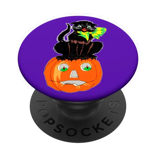 Vintage Black Cats and Pumpkins Spooky Halloween Scary Black Cat Sitting On A Jackolantern On Halloween PopSockets Swappable PopGrip