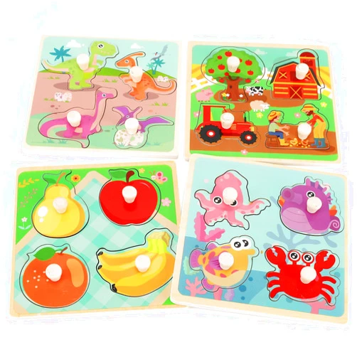 Slotic Wooden Peg Puzzles for Toddlers 1-3, Kids' Educational Preschool Peg Puzzle Toy, Set of 4 Toddler Puzzles - Farm, Dinosaur, Fruit and Marine Animals, Ideal Gift for Ages 1 2 3 Boys and Girls