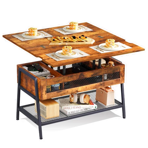 WLIVE Lift Top Coffee Table, 3 in 1 with Hidden Compartment, Multi-Function Coffee Table Converts to Dining Table for Living Room, Dining Reception Room, Rustic Brown
