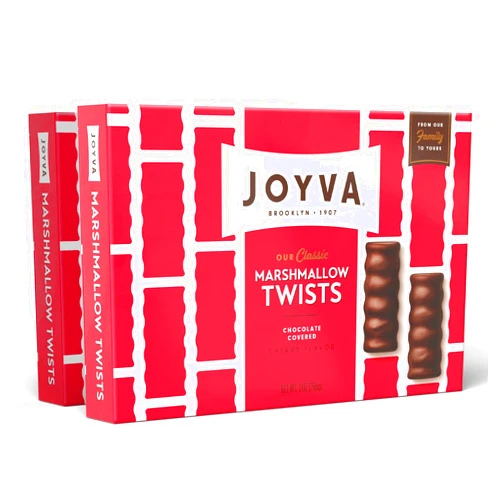 Joyva Cherry Marshmallow Twists | Pack of 2, 9oz Boxes | Fluffy Cherry Flavored Marshmallow Center with Smooth Dark Chocolate Coating | Kosher Parve | Free of Dairy, Gluten, Soy, and Preservatives