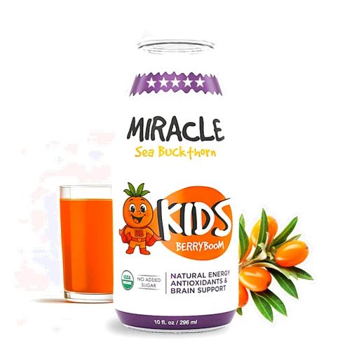 Miracle Sea Buckthorn Made In Italy Miracle Sea Buckthorn KIDS BERRYBOOM – Organic Kids Wellness Drink – Grape, Strawberry & Apple – Focus, Energy & Immunity Support – No Added Sugar – Shelf-Stable 10 fl oz Glass Bottle