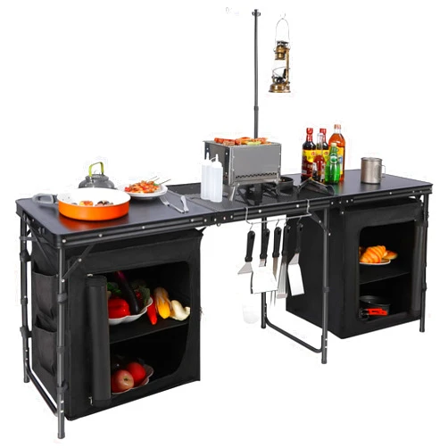 REDCAMP Portable Camping Kitchen Table, 6ft Extra Long Tri-fold Camping Kitchen Station with Storage Organizer and Telescoping Light Stand, Camping Cooking Table Grill Table for BBQ, Party and Picnic