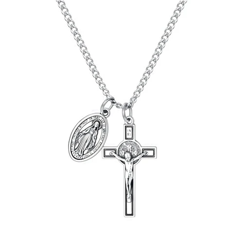 Rnivida Crucifix Cross and Miraculous Medal Pendant Necklace for Men