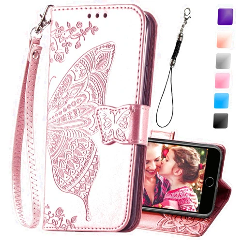 KRHGEIK Wallet Case for iPhone SE 2020/SE 2022/iPhone 8/iPhone 7,Women Butterfly Embossed PU Leather Kickstand Credit Card Holder Slots Wrist Strap Flip Cover for iPhone 7/8/SE 2nd 3rd Gen (Rose Gold)