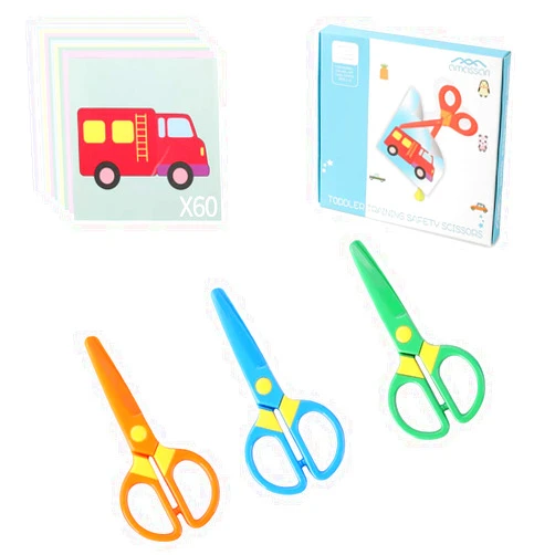 Amassan Plastic Safety Scissors, Toddlers Training Scissors, Pre-school Training Scissors and Offices Scissors (3pcs) Kids Paper-Cut (60 Sheets)