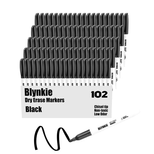 Blynkie Dry Erase Markers Bulk Pack of 102 Chisel Tip Black Whiteboard Markers, Low Odor Suitable for School Office and Home
