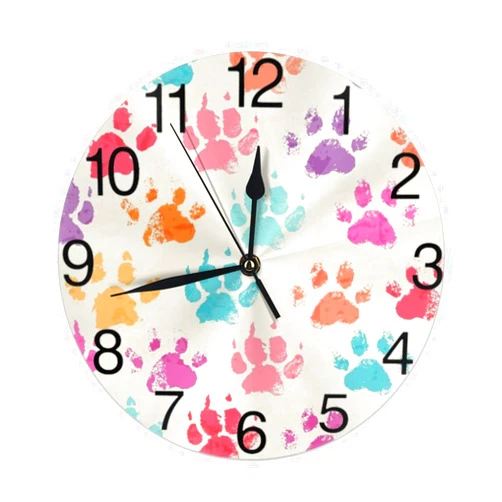 KiuLoam Colorful Dog Paws Print Vinatge Round Wall Clock Silent Non Ticking Battery Operated Easy to Read for Student Office School Home Decorative Clock Art