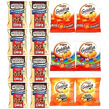 QT LIMITED Goldfish Crackers and Snyder's Mini Pretzels Variety Pack, Pack of 14, with Flavors 2x Cheddar, 2x Colors Cheddar & 2x Flavor Blasted Xtra Cheddar and 8x Gluten Free Snyder's Mini Pretzels, with a Mystery Item, Perfect Snack with a Surprise