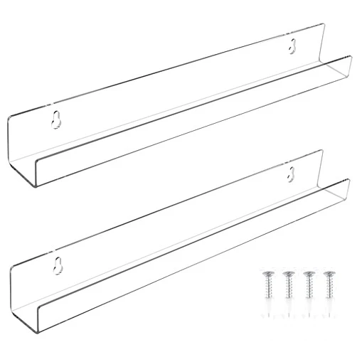 Svalor 2 Pieces Acrylic Floating Shelves, 15inch Clear Acrylic Shelf, Invisible Wall Mount Bookshelf with Mounting Kit, Small Bathroom Shelves for Record, Book, Funko Pop Figure Display