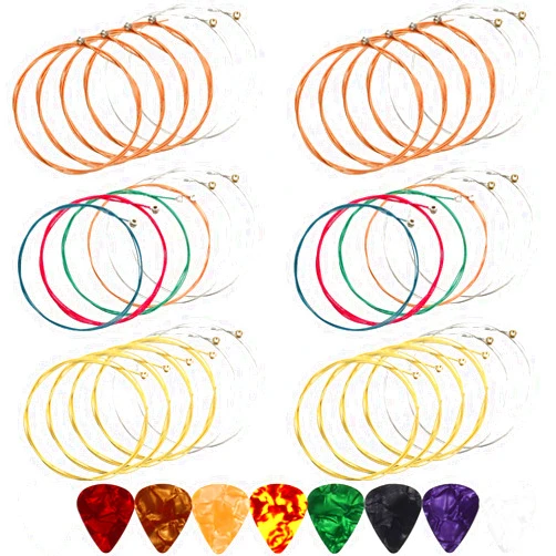 Boao 6 Sets Acoustic Guitar Strings Replacement Steel Guitar Strings Gold/Brass/Multicolor with 9 Pcs Celluloid Picks in 3 Sizes for Electric Acoustic Beginners Performers