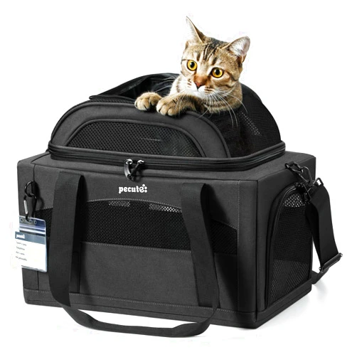 Pecute Expandable Pet Carrier Airline Approved Dog Cat Carrier, Breathable Soft-Sided with Locking Zippers, Pet Travel Bag for Small Dog Cat Anti-Scratch Mesh Leakproof Pee Pad (Dark Gray)