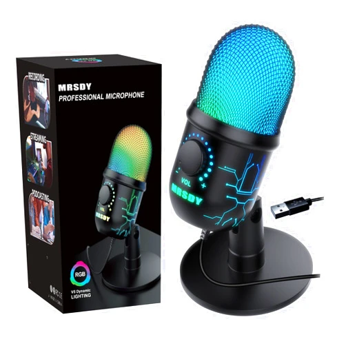 MRSDY Gaming Microphone, USB Computer Microphone for PC, Mac, PS4/5, Condenser Podcast Mic for Studio Recording, YouTube, Streaming, with Headphone Jack, Led Light, Mute, Gain, Noise Cancellation