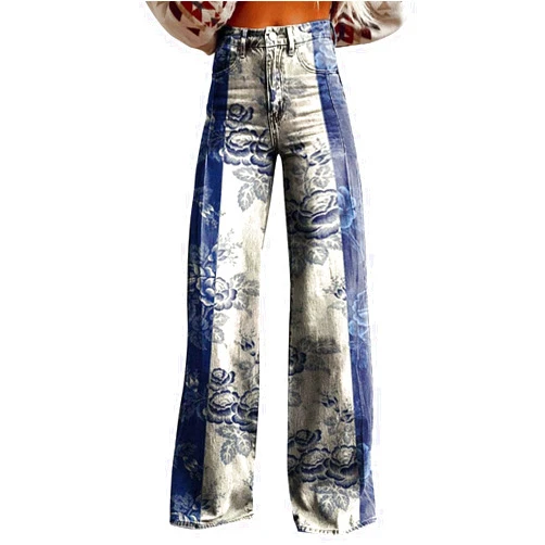 HUMMHUANJ Flare Jeans for Women Vintage 90s Floral Print Wide Leg Jeans High Waisted Pant Flare Trousers with Pocket