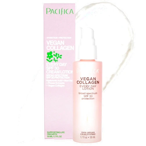 Pacifica Beauty Vegan Collagen SPF 30 Broad Spectrum Sunscreen Every Day Face Lotion, UVA/UVB Protection for All Skin Types, Lightweight, Moisturizing & Hydrating, Cruelty Free, White, 1.7 Fl Oz
