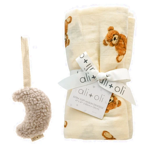 Ali+Oli Swaddle Blanket Teddy and Pacifier Holder Moon Bundle, Neutral Design, Soft and Gentle, Ideal for Newborns, Boys and Girls
