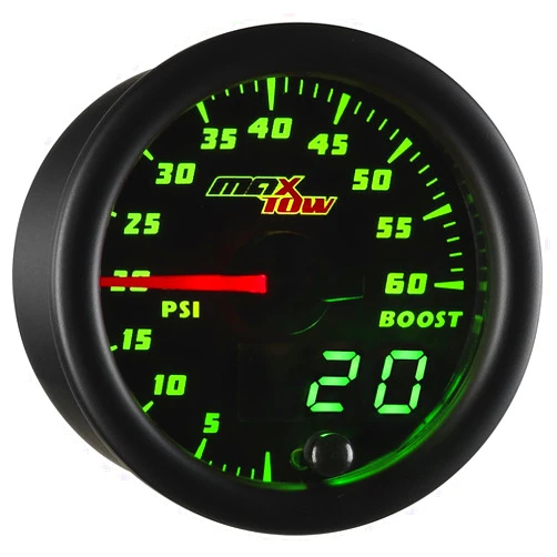 MaxTow Double Vision 60 PSI Turbo Boost Gauge Kit - includes Electronic Pressure Sensor - Black Gauge Face - Green LED Illuminated Dial - Analog & Digital Readouts - for Diesel Trucks - 2-1/16