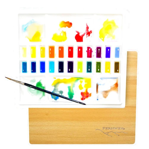 SENSORY4U Ceramic Watercolor Paint Palette with Wooden Lid - 12x10 Inch Porcelain Mixing Tray with 22 Wells and 6 Large Wells - Professional Palette for Gouache, Acrylics, and More - Durable Design