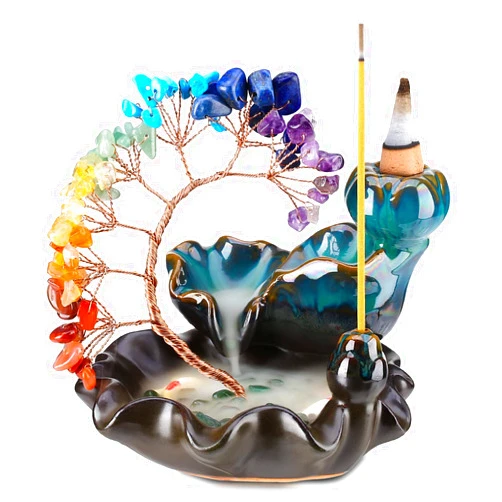 CYYKDA Backflow Incense Burner Ceramic Incense Waterfall 7 Chakras Crystal Tree Incense Holder Namaste Yoga Meditation and Home Decor