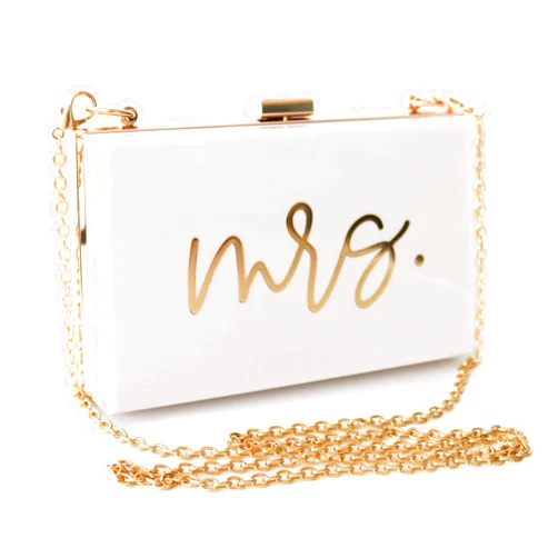 ModParty Mrs Acrylic Clutch Purse | Bridal Shower, Engagement, & Honeymoon Gift | Bride to Be Accessory | Crossbody with Removable Chain | White and Gold