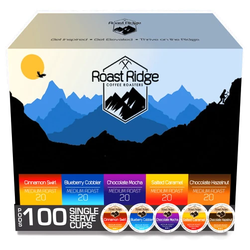Roast Ridge Single Serve Coffee Pods for Keurig K-Cup Brewers, Variety Pack, Medium Roast, 100 Count (20 each: Blueberry Cobbler, Chocolate Hazelnut, Salted Caramel, Cinnamon Swirl, Chocolate Mocha)