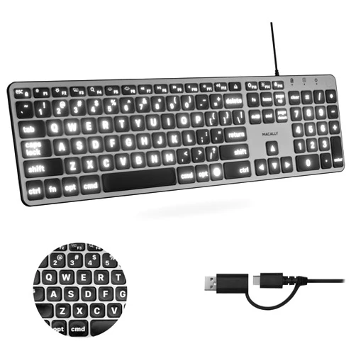 Macally Wired Keyboard for Mac (USB C + A) - Large Print and Backlit Apple Keyboard Wired - 107 Key Full Size Large Letters USB C Keyboard for MacBook Pro/Air, Mac Mini, iMac