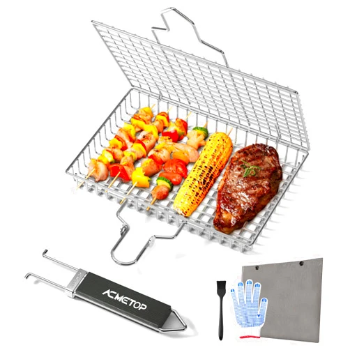 ACMETOP Portable BBQ Grill Basket Stainless Steel Fish Grill Basket with Removable Handle, Grilling Accessories for Outdoor Grill Vegetables Fishes Shrimp, Bonus Gloves, Sauce Brush & Carrying Pouch