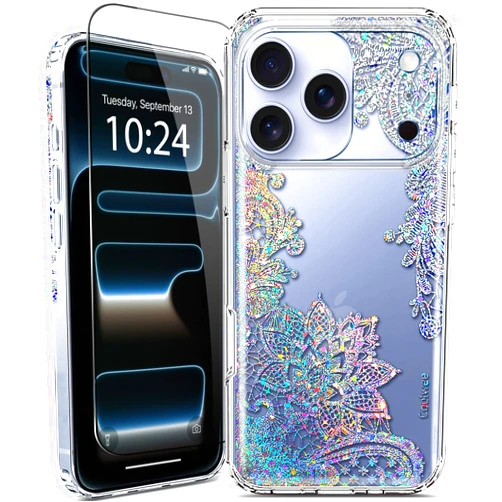 Coolwee Clear Glitter for iPhone 17 Pro Case with Screen Protector, Cute Cover for Girls Women, Slim Shockproof 10FT Drop Protection for Apple 17 Pro Case Crystal Lace Bling Mandala Henna