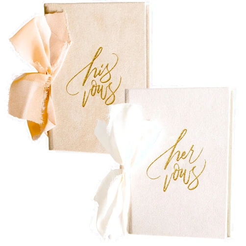 Everbae Vow Books His and Hers w/Ribbon- Hardcover Premium Velvet Linen - Wedding Vow Books w/Gold Foil Lettering Embossed - Neutral Convertible Vow Books for Wedding - Keepsake Gifts for Couples (Set of 2)
