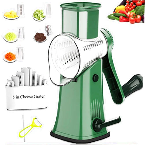 Dachenus Cheese Grater 5 in1 Rotary Cheese Grater,Versatile Cheese Shredder,Blades for Shredding, Grating, Slicing,Cheese Shredder with Suction Base and Cleaning Brush Kitchen Gift (green)