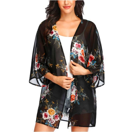 KirGiabo Women's Floral Print Kimonos Loose Tops Half Sleeve Shawl Chiffon Cardigan Casual Beach Cover Ups