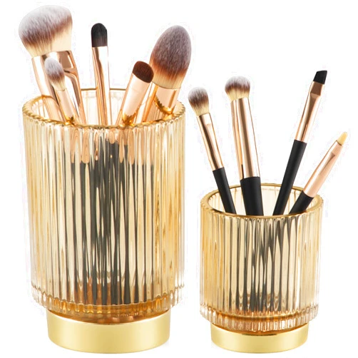 CANITORON Makeup Brush Holder 2 Pack, Glass Cosmetic Makeup Brush Organizer, Storage Organizer for Paint Brush, Pen, Pencil, Eyeliner, Bathroom Counter, Dresser, Bedroom, Office Storage Cup-Amber S+L