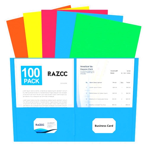 RAZCC Two Pocket Folders, RAZCC 100 Pack File Folders with Pockets Fit Letter Size Paper, Thick Paper File Folder for School Office Business Home, Assorted 5 Colors