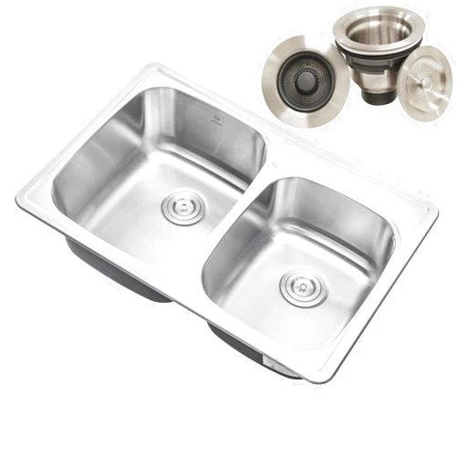 CBath CozyBlock 33 x 22 x 9 Inch 60/40 Offset Top-mount/Drop-in Stainless Steel Double Bowl Kitchen Sink with Strainer - 18 Gauge Stainless Steel-1 Faucet Hole