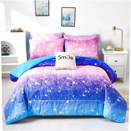 kiddiku Purple Glitter Comforter Set Full/Queen Size for Girls, Sparkle Galaxy Twinkle for Kids Teen,3 Piece Blue Purple Pink Ombre Pastel Bedding Set 2 Pillow Cases(Purple,Queen), Queen(3-Piece)
